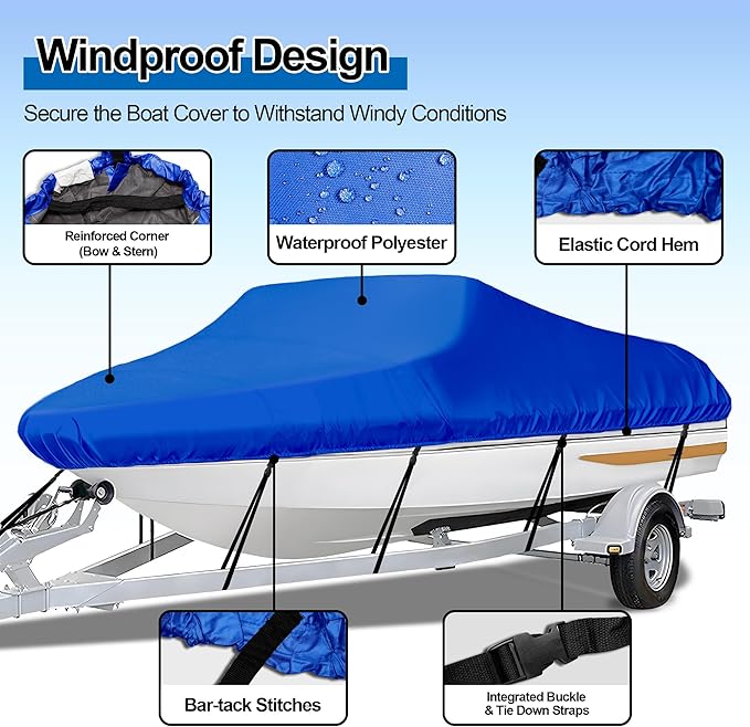 iCOVER Trailerable Boat Cover- 14'-16' Heavy Duty Waterproof Tarp Covers, Fits V-Hull, Fish&Ski, Pro-Style, Fishing, Runabout, Bass Boats, up to 14ft-16ft Long and 68" Wide
