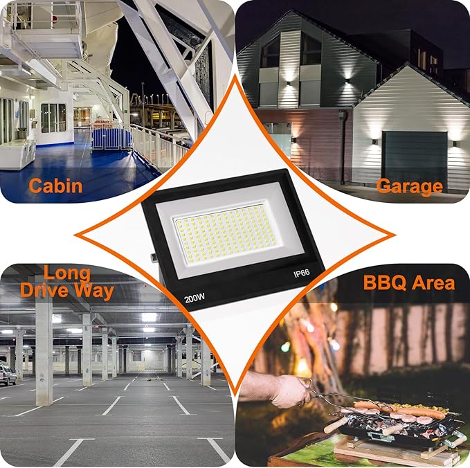 XXBSAZ 2 Pack 200W LED Flood Lights Outdoor, 25,000LM Plug-in Hardwire Work Light IP66 Waterproof - 6500K Daylight Bright for Yard, Garage, Stadium