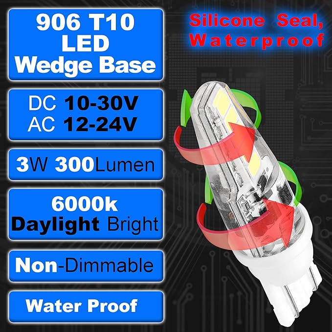 T10 Wedge Base 906 LED Marine Boat Light Bulb AC/DC 12V-24V 6000K Cool White Replacement All-Round Mast Masthead Anchor Stern Navigation Lights for Kayak Sailboat Pontoon Boat, 4 Pack