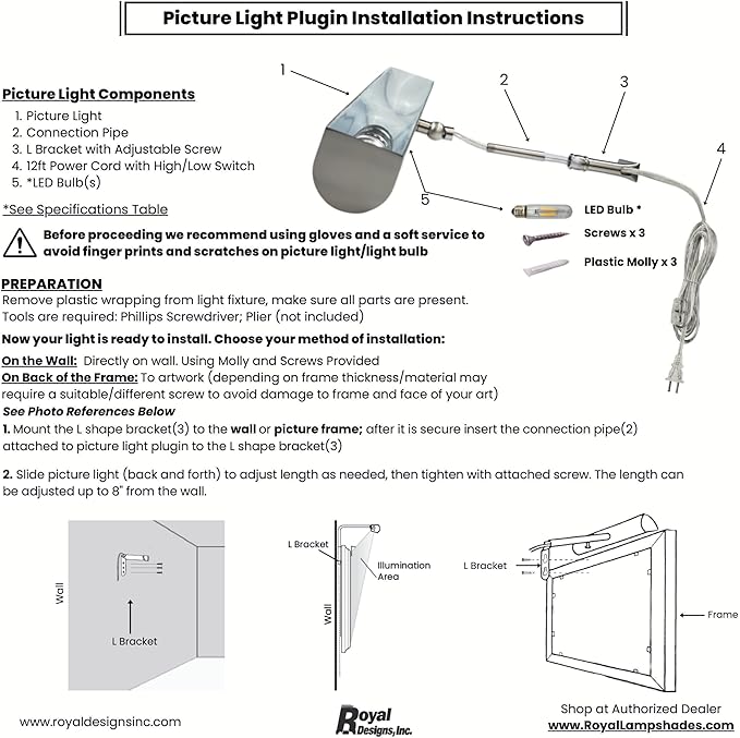 Royal Designs, Inc. Plug-in Picture Light, Gallery Lighting, 12 ft Cord with in-Line Hi/Low/Off Switch, PLP-2012-12-BN-2, Brushed Nickel, 12.75 Inches, Pack of 2