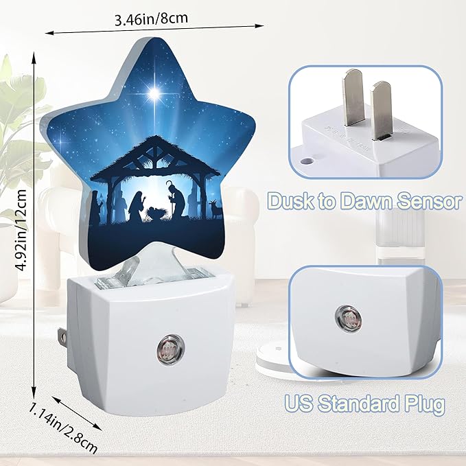 Christmas Nativity Scene Dusk to Dawn Star Night Light,Starry Sky Smart Sensor Nightlight for Bedroom Kitchen Hallway Stairs,Plug-in Energy Efficient Decor Desk Lamp Women Men Gifts