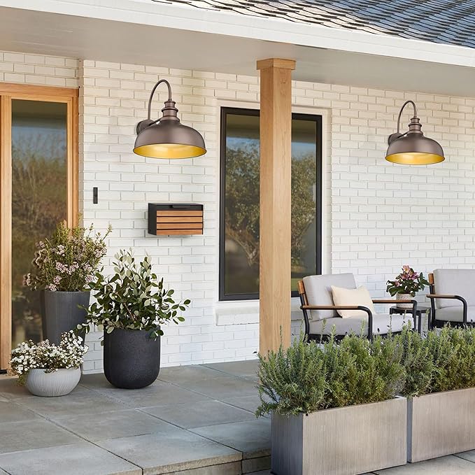 Bestshared 16 Inch Vintage Industrial Barn Light Farmhouse Outdoor Wall Sconce - Farmhouse Exterior Wall Mount Lighting Fixture for Garage, Patio, Porch,Front Door(Orb+Gold, 16"-2pack)