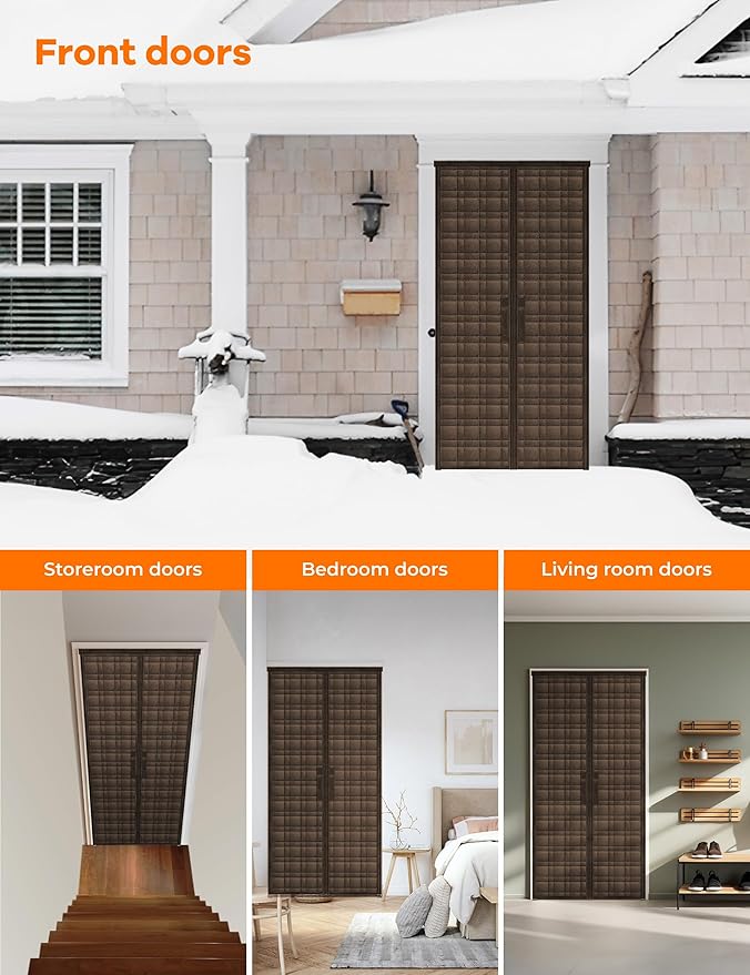 Thermal Door Curtain, Fit Size up to 38 x 82 Inches, Magnetic Insulated Door Curtains for Doorway/Front/Back/Basement, Oxford Cover with Thick Cotton to Keep Warm Winter, Brown, Rectangle