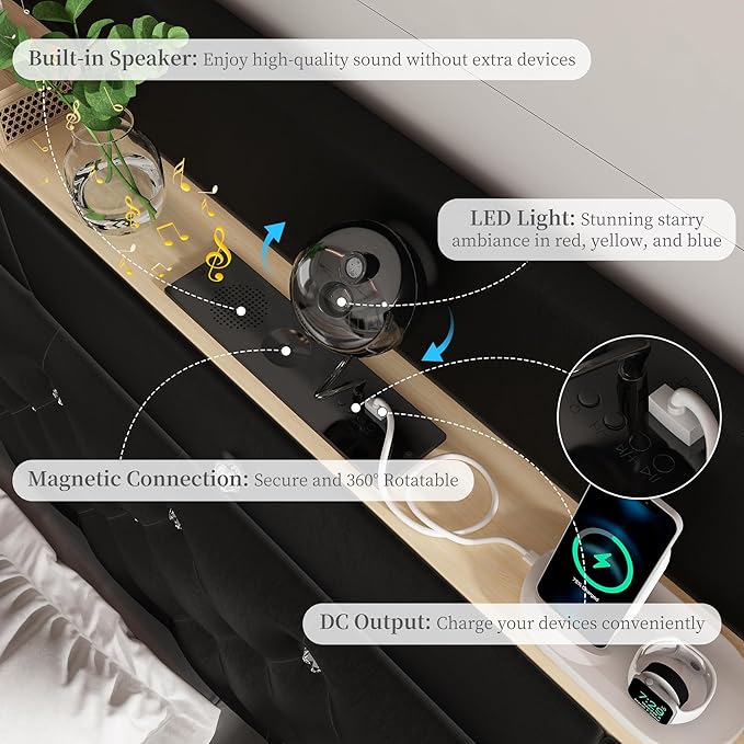 Queen Led Bed Frame with Galaxy Aurora Star Projector, Platform Beds with Charging Station, 52" Diamond Upholstered Wingback Bedframe with 2 Storage Drawers, No Box Spring Needed, PU Black