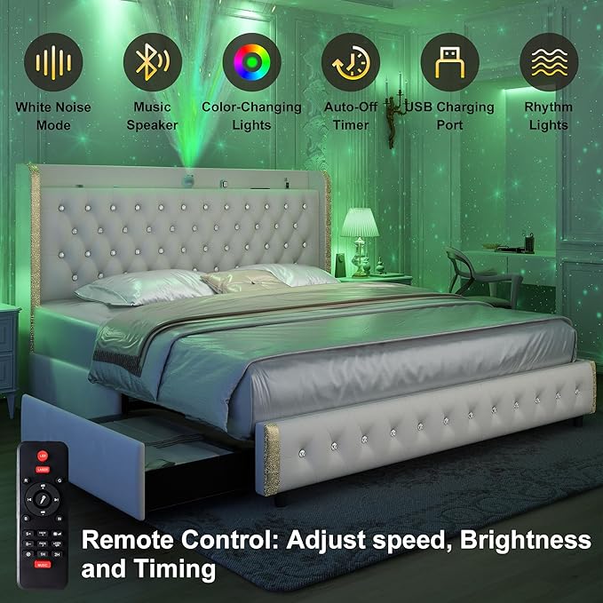 Full Wingback Modern Platform Bed with Galaxy Projector, 4 Dust-Proof Storage Drawers, LED Bed Frame, USB Ports, No Box Spring Needed & Noise-Reduction Sturdy Wood Slats, Velvet Cream