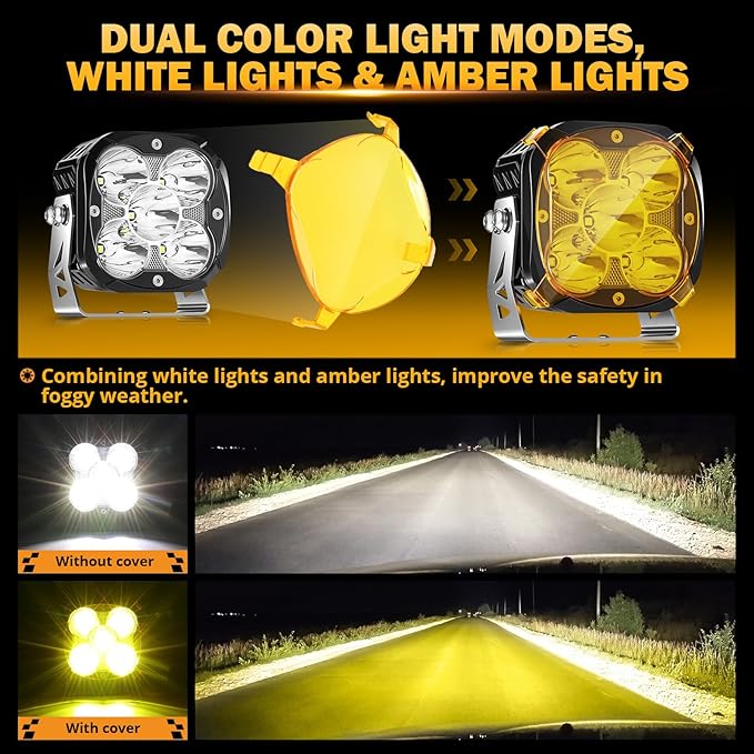 Auxbeam XP-Ultra Series 4.5'' LED Pods, 128W 15200LM Hyper Spotlight Offroad Lights with DRL, Off Road Light Bars Fog Light with Amber Covers, Cube Ditch Lights for Jeep UTV ATV Off Road, Pair