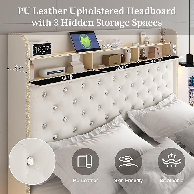 Full Led Bed Frame with Galaxy Aurora Star Projector, Full Size Platform Bed with 2 Storage Drawers, 52" Diamond Upholstered Headboard with Charging Station, Noise Free, No Box Spring Needed, PU White
