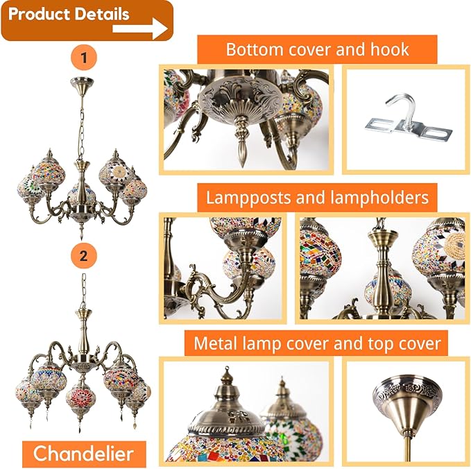 5-Globes Turkish Moroccan Pendant Hanging Light, Turkish Chandelier, Exquisite Tiffany Style Mosaic Ceiling Lamp for Bedroom, Living Room Home Decor Ambient Lighting (PL5130-X4)