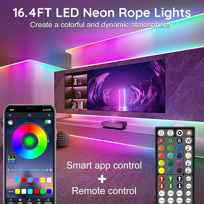 100Ft Neon Rope Lights,Flexible Led Rope Lights Control with App/Remote,Multiple Modes Music Sync Gaming RGB Led Neon Lights for Bedroom Outdoor