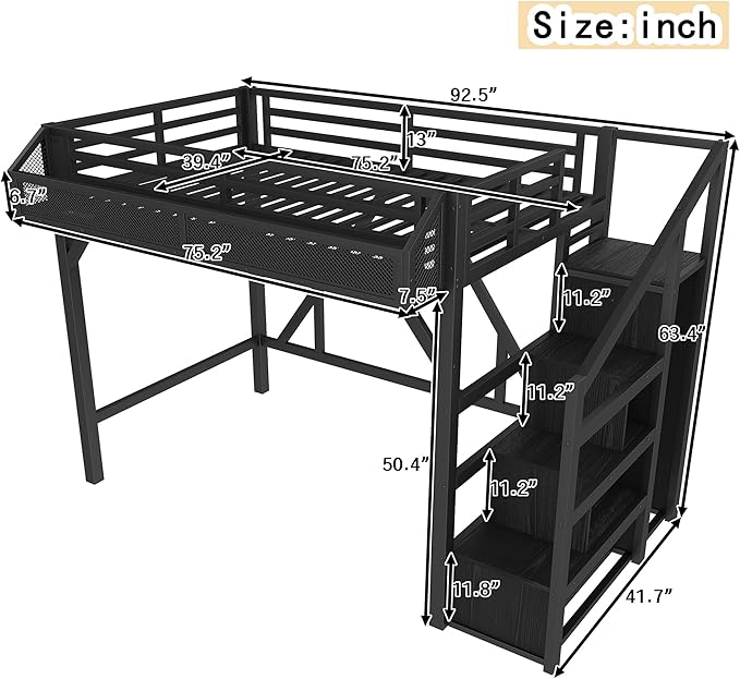 Bellemave Twin Loft Bed with Storage Stairs, Beside Shelf & Wardrobe, Metal Loft Bed Twin Size with USB Ports & LED Light, Large Under-Bed Space Loft Beds for Adults, Teens, Kids, Black