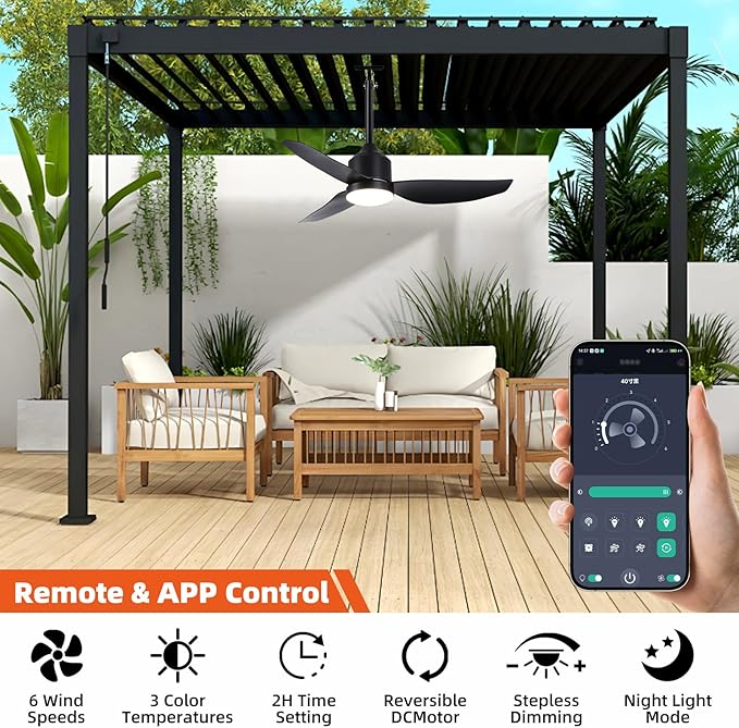 Outdoor Ceiling Fan with Light, 42 Inch Black Waterproof Outdoor Patio Fan with Remote Control, Reversible Quiet DC Motor, 3-Color Dimmable LED for Gazebo, Porch