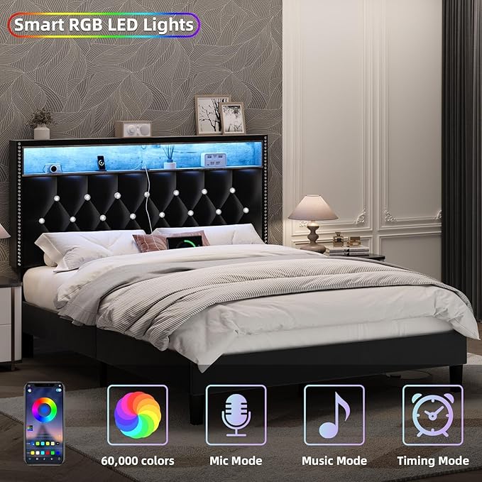 Queen Size Bed Frame with LED Lights and Headboard, Velvet Upholstered Bed Frames Queen with Charging Station and Storage, Modern Diamond and Rivet Design, No Box Spring Needed, Easy Assembly, Black