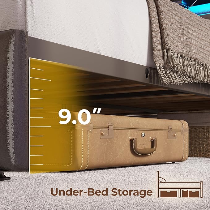 Rolanstar Queen Size Bed Frame with LED Lights and Charging Station, Upholstered Headboard with 2-Tier Storage Shelves, Heavy Duty Metal Frame, Noise-Free Support, Easy Assembly, No Box Spring Needed