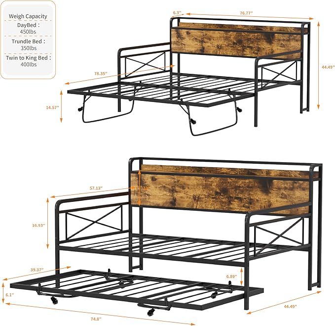 VINGLI Daybed with Trundle Twin, Metal Daybed Frame with Pop-up Trundle Bed and Charging Station,Day Bed with Wooden Storage Headboard & LED Lights, for Kids Room, Living Room, Bedroom, Brown
