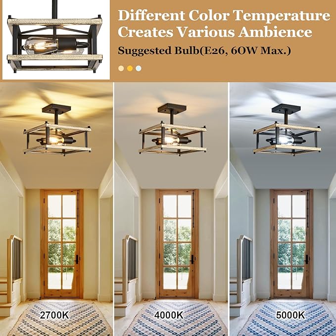 Farmhouse Ceiling Light Fixture 2-Light Square Hallway Light Black and Metal Frame Wood Grain Vintage Industrial Ceiling Lamp for Bedroom Kitchen Foyer Living Room Dining Room