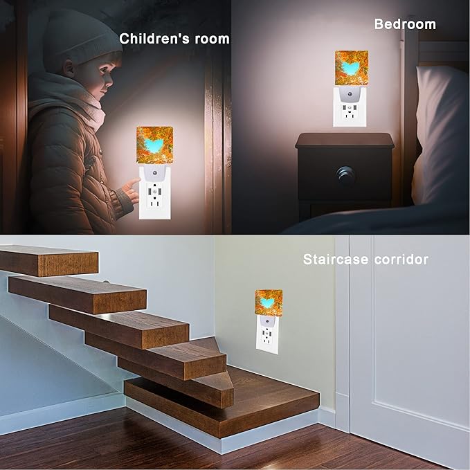 Blue Heart Sky Night Light,Autumn Red Maple Leaves Forest Trees Plug-in Night Lights with Dusk-to-Dawn Sensor for Stairway/Hallway/Bedroom Sleep Friendly Ideal for Women/Girls/Boys Gift,0.5W