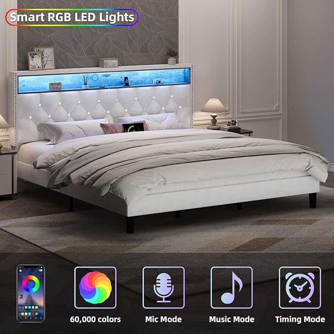 HOMBCK King Size Bed Frame with LED Lights and Storage Headboard, Velvet Upholstered Bed Frame King with Charging Station, Modern Diamond and Rivet Design, No Box Spring Needed, Easy Assembly, Beige
