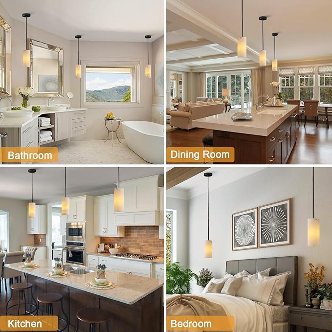 Alabaster Pendant Lights Kitchen Island, Black Hand Carved Alabaster Cylinder Pendent, Spanish Natural Marble Light Pendant for Bedroom Bathroom Dining Room Living Room- 2 PC