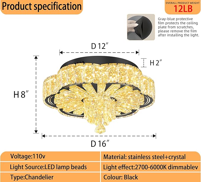Modern Empire Crystal Chandelier Black 16inches Crystal Raindrop Ceiling Light for Living Room Bedroom LED Infinity Dimmable 3000-6000K