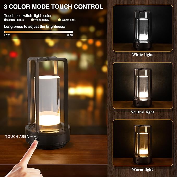 Portable Metal Table Lamp, Cordless Table Lamp, Rechargeable Battery Powered Portable LED Desk Lamp, 3 Color Stepless Dimming Touch, for Bedroom Restaurant Home Outdoor (Grey)