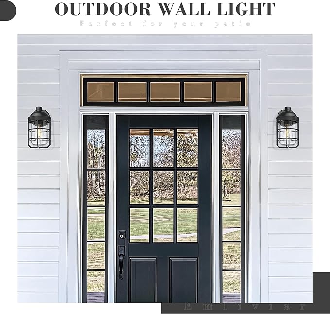 Emliviar 2-Pack Outdoor Exterior Wall Light Fixtures for Porch, 11.3 Inch Black Wall Mount Lantern with E26 Bulb Base, Clear Tempered Glass, GE255BL-2PK BK
