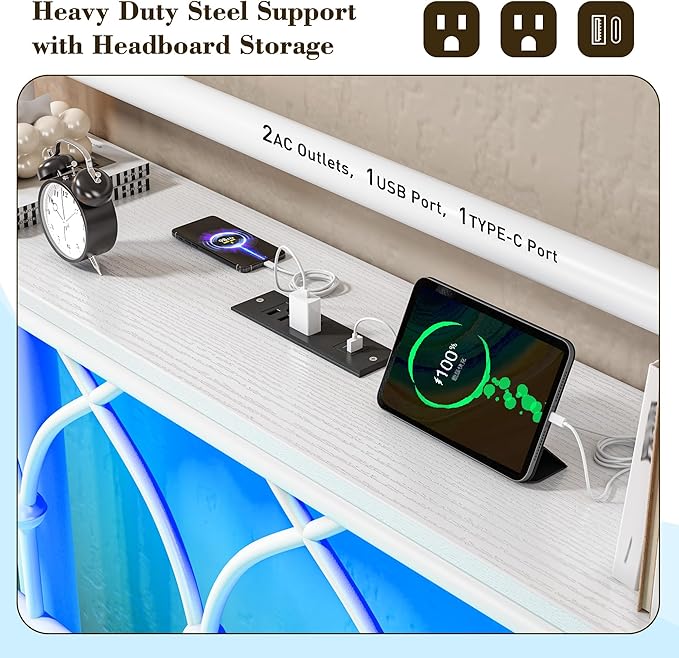 EnHomee Twin Bed Frame with Headboard,Metal Twin Size Bed Frame with Storage,LED Lights,Power Outlets,Sturdy & Easy Assembly,No Box Spring Needed,White