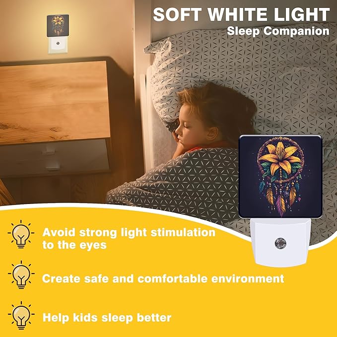 Dream Catcher Flowers Night Light, Colorful Feathers Plug-in Nightlight with Dusk to Dawn Auto Sensor for Home Bedroom Hallway Kitchen 0.5W Sleep Friendly Led Lamp for Women Men
