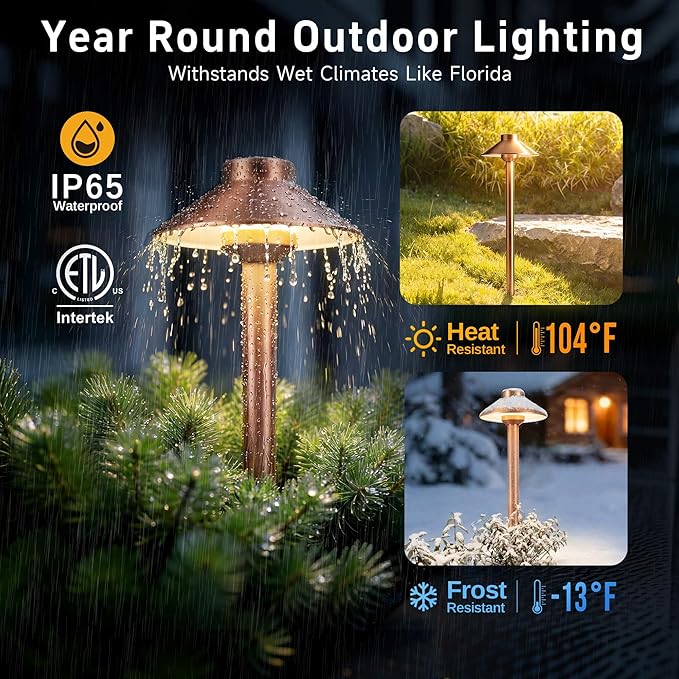 Gardenreet Brass Copper Low Voltage Pathway Lights, Waterproof Landscape Outdoor Path Light, 12V LED Bronze Hat Top Driveway Lamp for Garden Yard House with 3W 270LM 5000K G4 Bulb 6 Pack