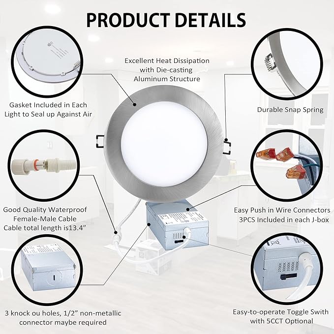 Premium LED Canless Recessed Downlight Ultra-Thin 6 Inch 5 CCT Adjustable Ceilling Light with Junction Box, 12W Color Temperature Selectable Lighting Fixture, Dimmable, 6 Pack, Brushed Nickel