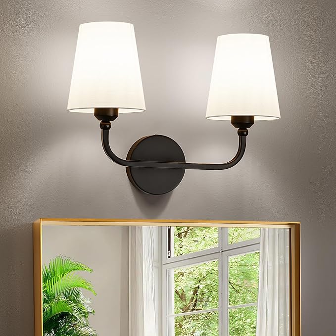 Matte Black Bathroom Light Fixtures, 2-Light Vanity Lights, Bathroom Lighting Fixtures Over Mirror with Flared White Fabric Shade, Modern Wall Sconce for Mirror Hallway Bedroom Living Room(ETL Listed)