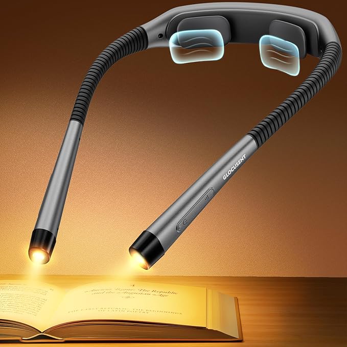 Glocusent Ergonomic Reading Light, 1600mAh Rechargeable Book Light for 100 Hrs - 3 Colors & 5 Brightness, Neck Light with Timers, Sleep Aid & Travel Lock, Perfect for Reading, Knitting & Craft