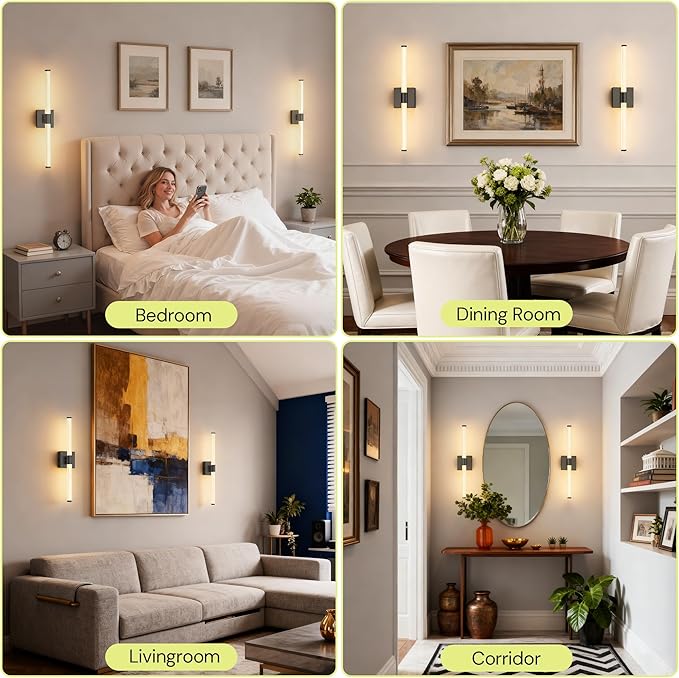 L LOHAS LED Battery Operated Wall Sconces Set of 2, 10000mAh Black and White Battery Wall Sconce, 3000K Dimmable Wireless Wall Light, Sconce Wall Decor for Bedroom, Living Room, 24in