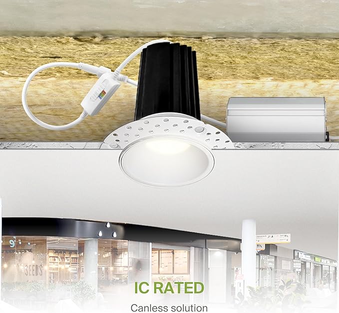 ASD Trimless 2 Inch LED Recessed Lighting, 15W 120V Round Commercial Downlight, Canless Dimmable Lights for Ceiling with J-Box, 5 CCT 2700K-5000K, CRI 90+, IC Rated, ETL, White, 4 Pack