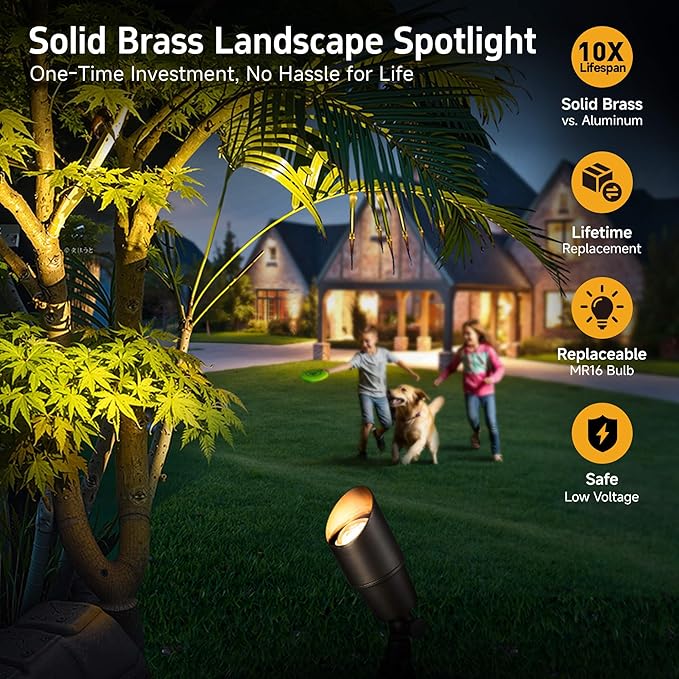 Gardenreet Spot Light Brass - Outdoor Landscape Spotlights 12V, LED Low Voltage Landscaping Uplights, All Weather Hard-Wired Bronze for Backyard Lawn with Warm White Changeable Bulbs (8 Pack)