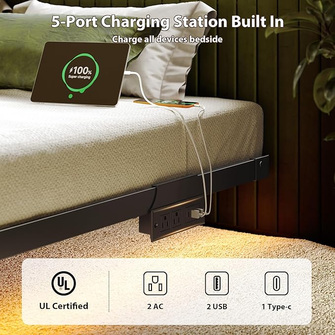 Bed Frame Queen Size, Floating Queen Bed Frame with LED Lights & Charging Station, Modern Metal Platform Bed Frame with Mattress Slide Stopper, Noise-Free, No Box Spring Needed, Easy Assembly