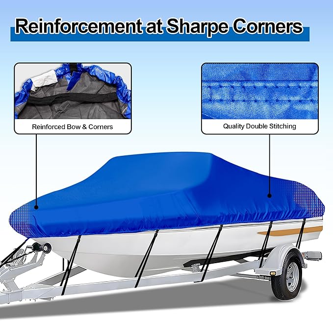 iCOVER Trailerable Boat Cover- 16'-18.5' Heavy Duty Waterproof Tarp Covers with Storage Bag, Fits V-Hull, Fish&Ski, Pro-Style, Fishing, Runabout, Bass Boats, up to 16ft-18.5ft Long X 94" Wide
