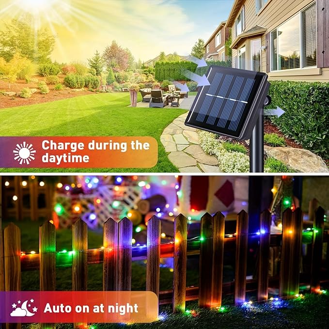Solar String Lights Outdoor,33FT 100 LED Christmas Solar Fairy Lights,Waterproof Outdoor Twinkle Lights 8 Modes, Xmas Tree Light for Patio Garden Party Backyard Wedding Holiday Decor, Multicolor