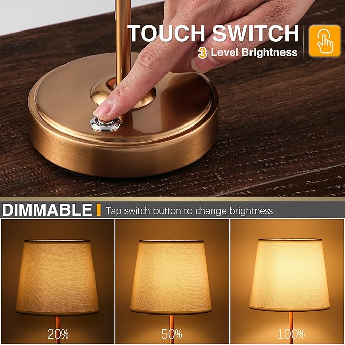 Rechargeable LED Cordless Table Lamp, 5200mAh Battery Operated, 3 Level Brightness, Portable Night Bedside Lamp, Ambient Desk Light for Home Decor, Patio, Restaurant, Dinning(Antique Brass)