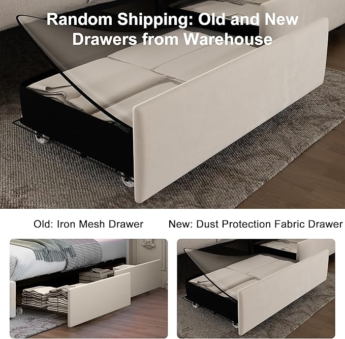 Full Wingback Modern Platform Bed with Galaxy Projector, 4 Dust-Proof Storage Drawers, LED Bed Frame, USB Ports, No Box Spring Needed & Noise-Reduction Sturdy Wood Slats, Velvet Cream