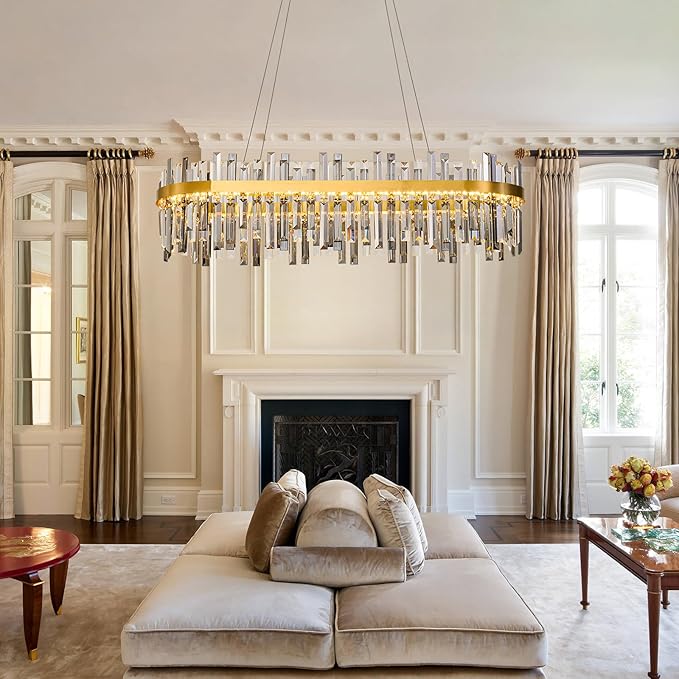 Gold Led Modern Crystal Chandelier: 39.3" Rectangle Linear 3 Color Dimmable Chandeliers for Dining Room Over Table-Luxury Rectangular Contemporary Oval Light Fixture for Living Room Bedroom Foyer