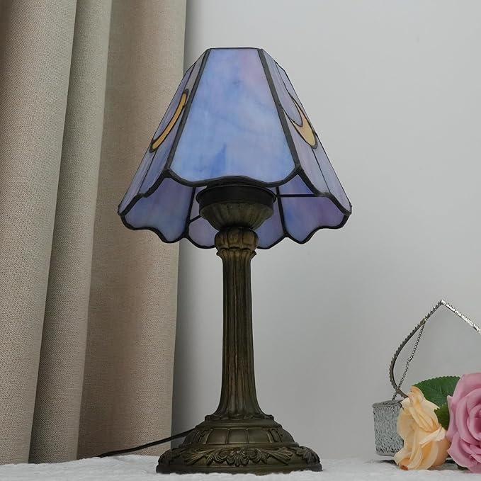 Tiffany Lamp - Pink Blue Moon Stained Glass Table Lamp 7x7x13 Inches - Pink Blue Moon Style Desk Reading Bedside Light - Bedroom & Living Room Decor