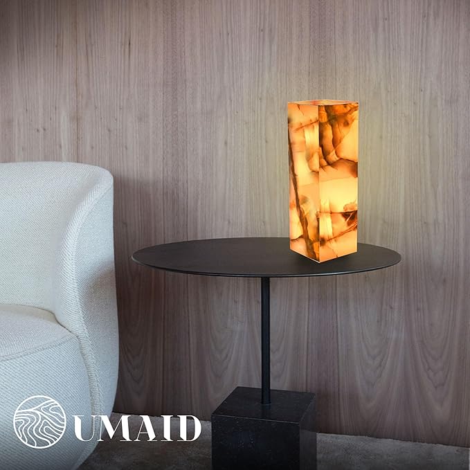UMAID Handcrafted Onyx Marble Table Lamp, Each Lamp One-of-a-Kind with Natural Patterns, Warm Amber Glow, Dimmable Cord & Bulb, Modern Home Decor for Bedroom, Desk, Office, Living Room, or Bedside