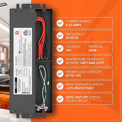 Dysmio 24V DC LED Driver 200W - Quiet, Dimmable Electronic Power Supply for LED Strip Lights - Compatible with Lutron, Leviton Dimmer