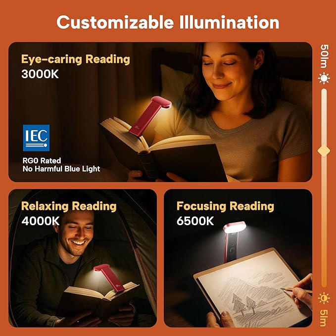 86lux Book Light, Reading Light for Book in Bed, USB Rechargeable LED Night Light with 3 Colors & Limitless Dimming,Bookmark Light for Book Lovers,Red