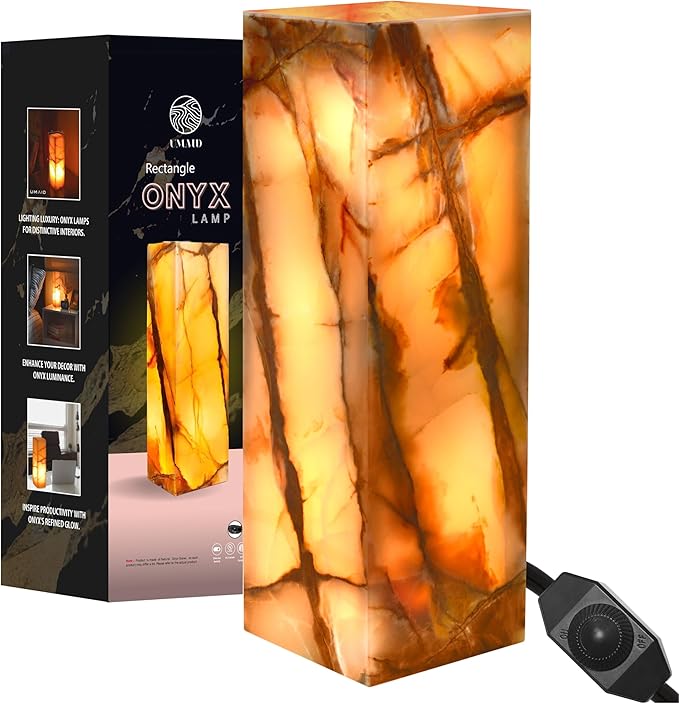 UMAID Handcrafted Onyx Marble Table Lamp, Each Lamp One-of-a-Kind with Natural Patterns, Warm Amber Glow, Dimmable Cord & Bulb, Modern Home Decor for Bedroom, Desk, Office, Living Room, or Bedside