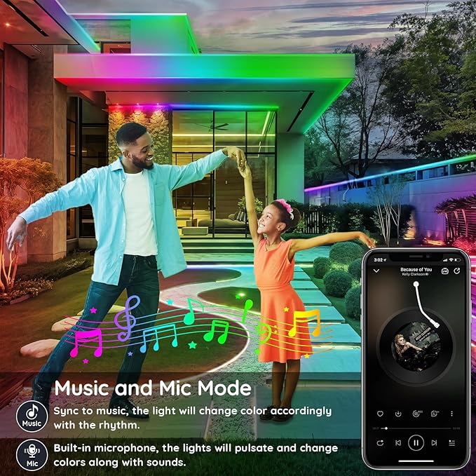 400ft Outdoor LED Strip Lights Waterproof,IP68 Outside Led Light Strips Waterproof with App and Remote,Music Sync RGB Exterior Led Rope Lights with Self Adhesive Back for Roof,Deck