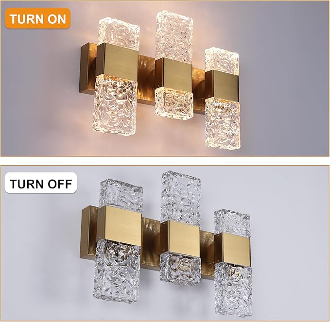 VINLUZ 3 Light LED Bathroom Vanity Light Fixtures Over Mirror,24W Metal Base Brushed Brass Finish Classic Wall Sconces with Crystal Lampshade Wall Mounted Lighting