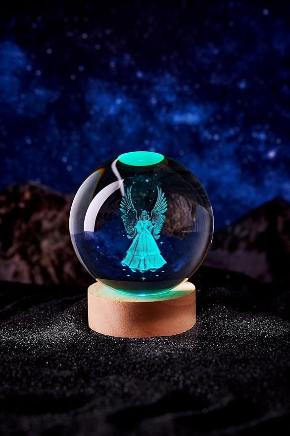 Large Angel Crystal Ball Night Light with Woodern Base, 3D Crystal Lamp 16 Color Changing with Remote Control, Laser Engraved Glass Ball Lamp, Room Decor (Angel)