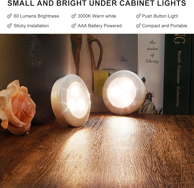 LUXSWAY Puck Lights, LED Tap Light Battery Operated, Stick On, Mini Night Touch Light, Under Cabinet and Counter Lights for Shelf and Kitchen Sink, 6-Pack, White
