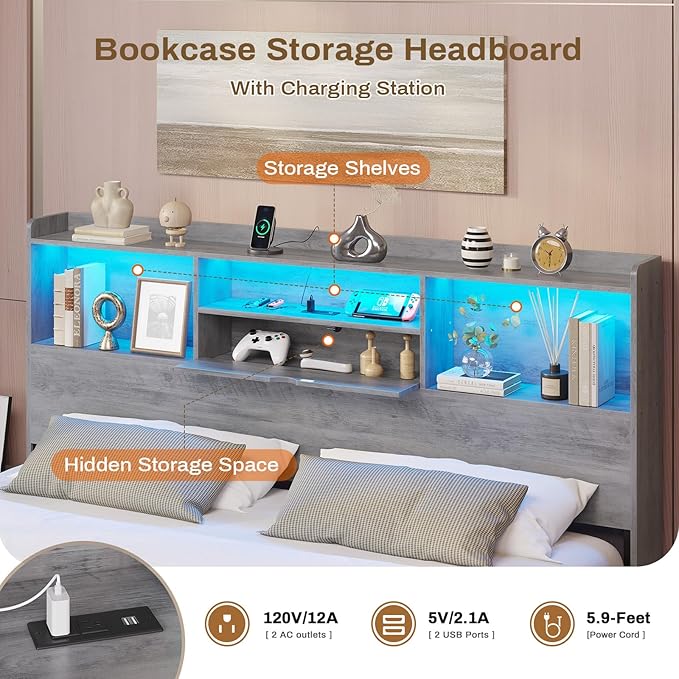 DICTAC California King Floating Bed Frame with LED Lights and Headboard Storage, Visual Floating Bed with Charing Station, Metal Platform Bed Cal King Size with Stable Structure, No Box Spring Need